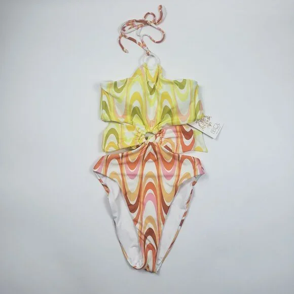 Becca Whirlpool Margot High Neck Halter One Piece Size Small Citrus Retro Print - Picture 9 of 16